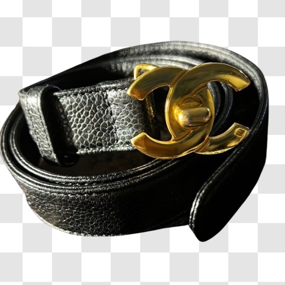 CHANEL Accessories - CHANEL CC Turnlock Buckle Belt Caviar Skin Lambskin leather. Vintage and rare.